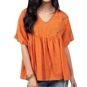 IVY JANE Stitch in Time embroidered orange peplum flowy top blouse size XS NWT